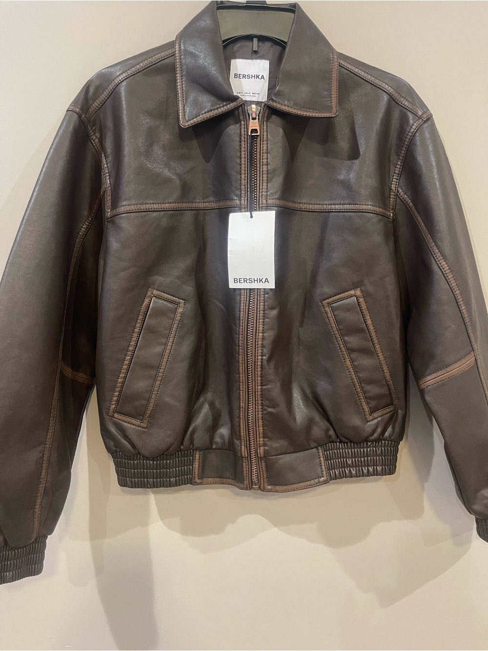 Bershka Men's Brown Vegan Leather Zip Jacket